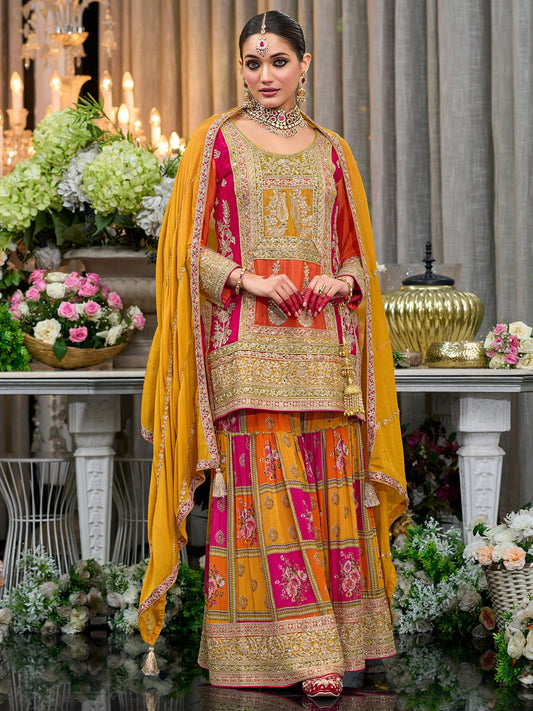 Multi Embroidered Straight Kurta Palazzos With Dupatta Set