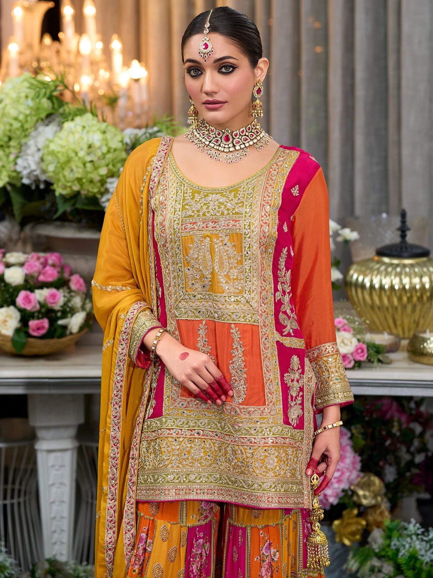 Multi Embroidered Straight Kurta Palazzos With Dupatta Set