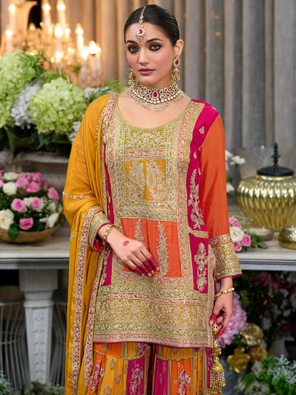 Multi Embroidered Straight Kurta Palazzos With Dupatta Set