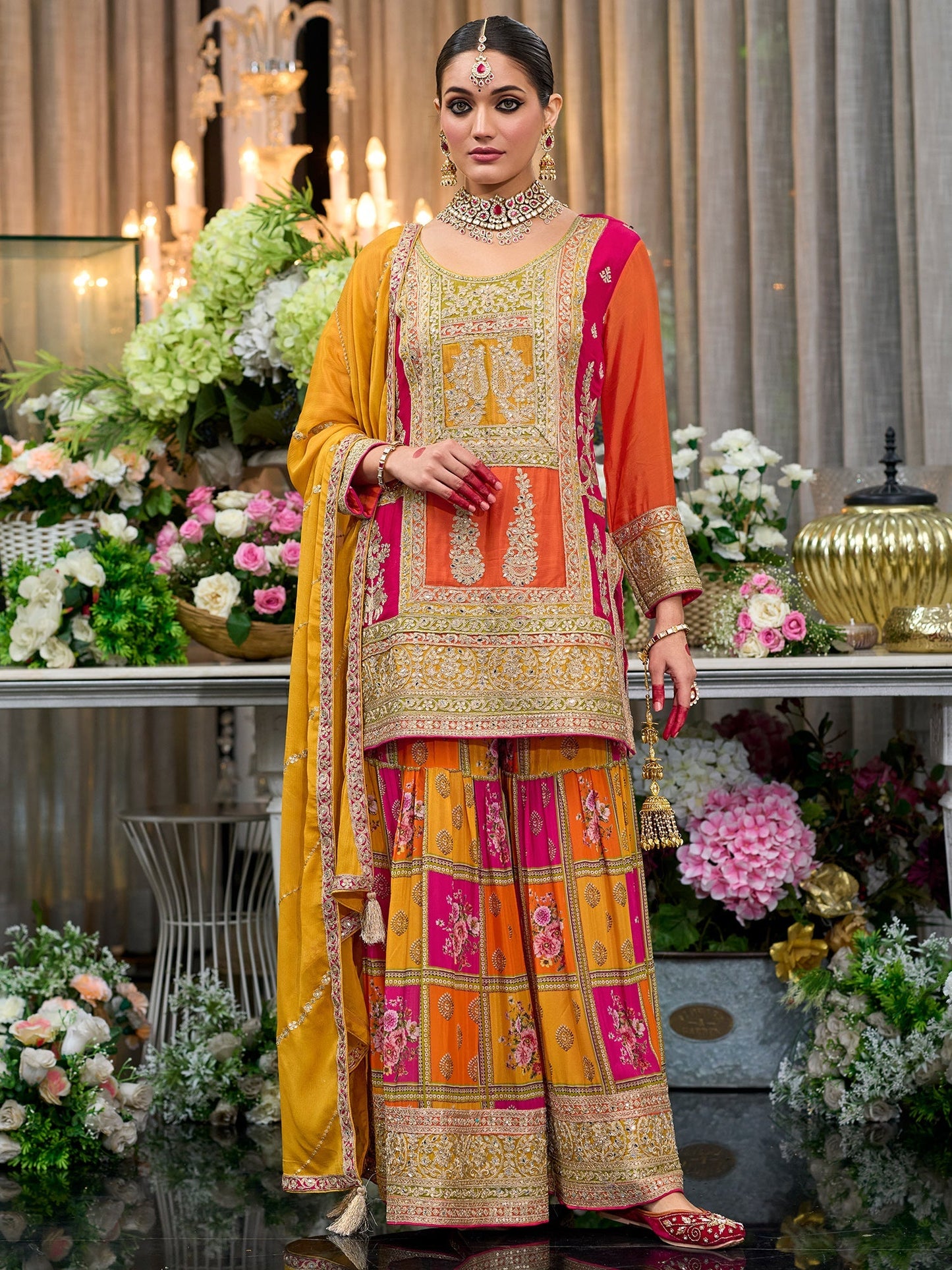 Multi Embroidered Straight Kurta Palazzos With Dupatta Set
