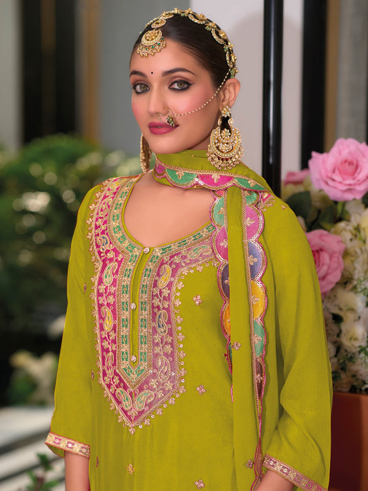 Green Embroidered Straight Kurta Palazzos With Dupatta Set