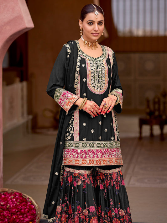 Black Embroidered Straight Kurta Sharara With Dupatta Set