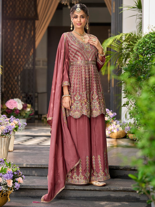 Mauve Embroidered A-Line Kurta Palazzos With Dupatta Set