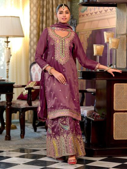 Mauve Embroidered Straight Kurta Palazzos With Dupatta Set