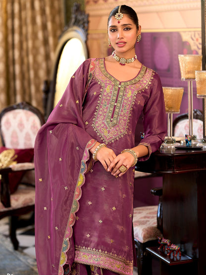 Mauve Embroidered Straight Kurta Palazzos With Dupatta Set