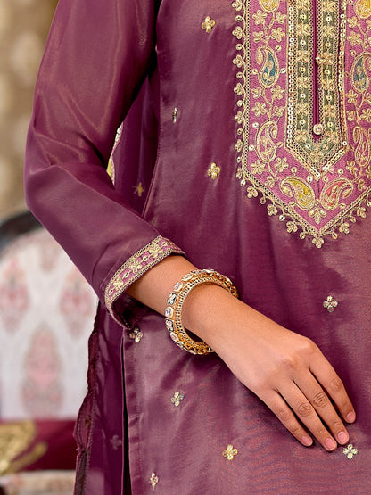 Mauve Embroidered Straight Kurta Palazzos With Dupatta Set