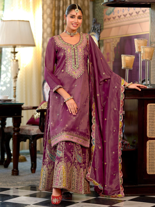 Mauve Embroidered Straight Kurta Palazzos With Dupatta Set