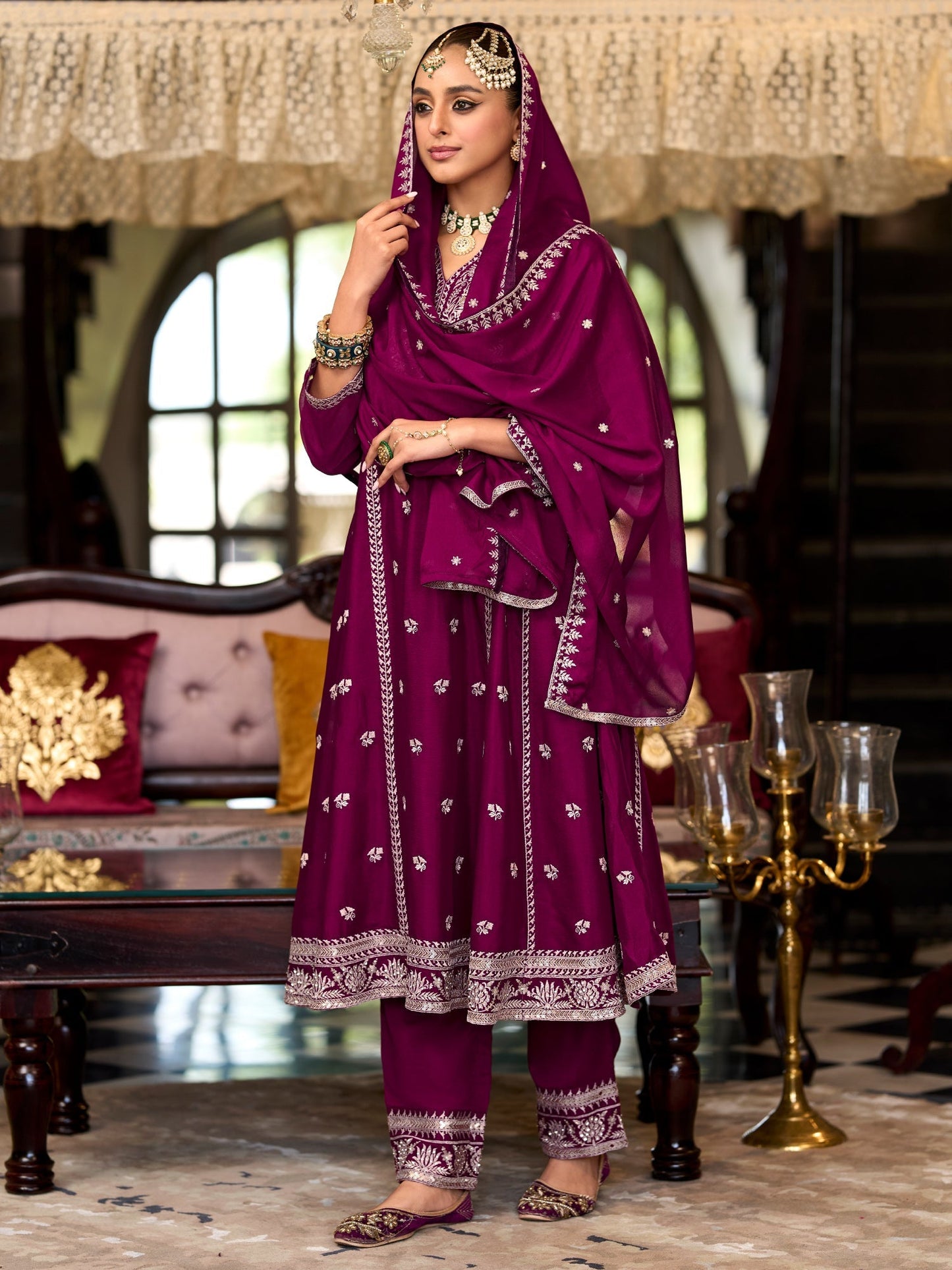 Burgundy Embroidered Anarkali Kurta Trousers With Dupatta Set