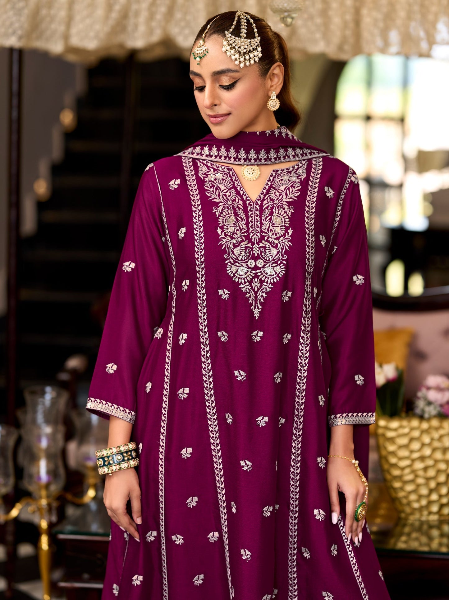 Burgundy Embroidered Anarkali Kurta Trousers With Dupatta Set