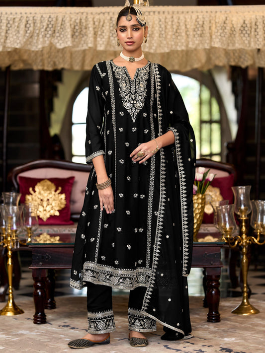 Black Embroidered Anarkali Kurta Trousers With Dupatta Set