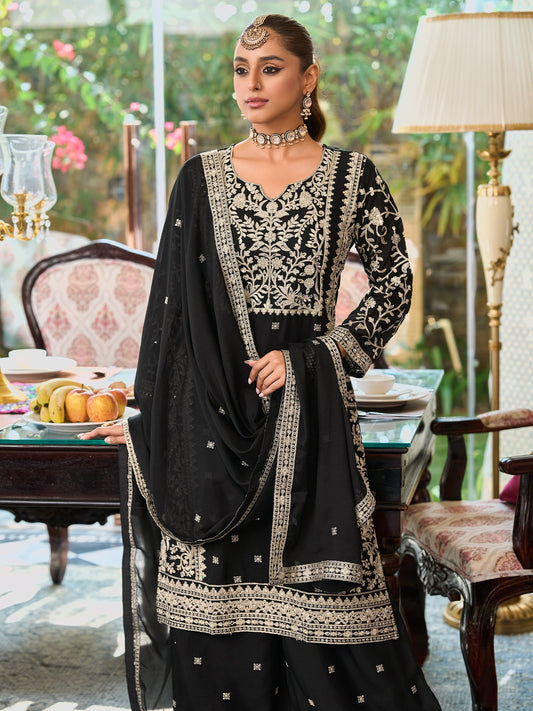 Black Embroidered Straight Kurta Palazzos With Dupatta Set