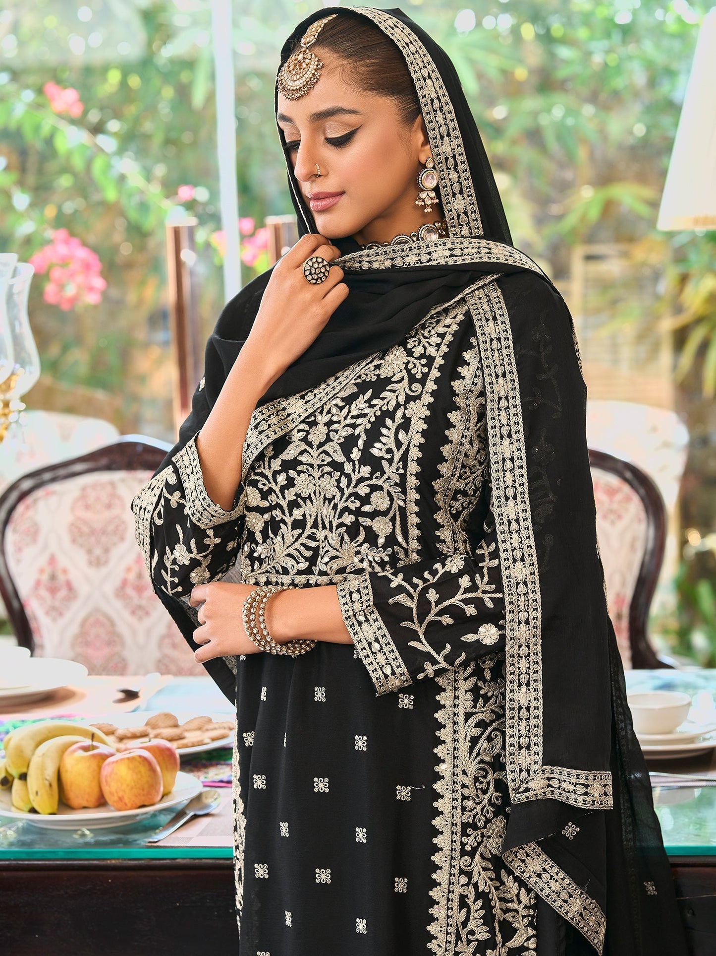 Black Embroidered Straight Kurta Palazzos With Dupatta Set