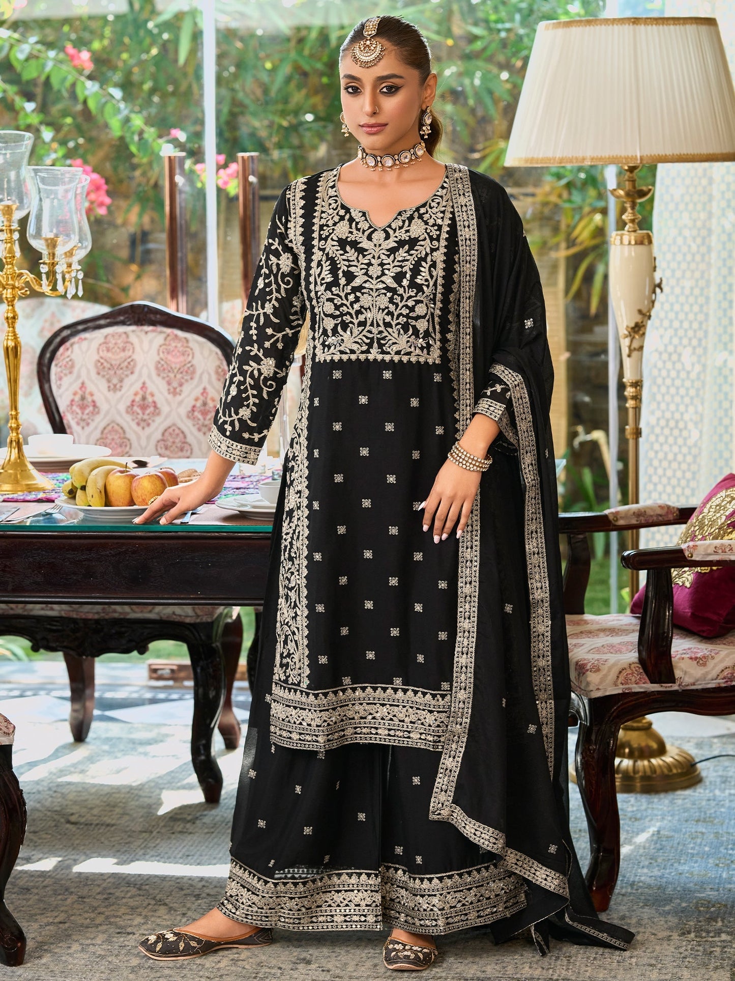 Black Embroidered Straight Kurta Palazzos With Dupatta Set