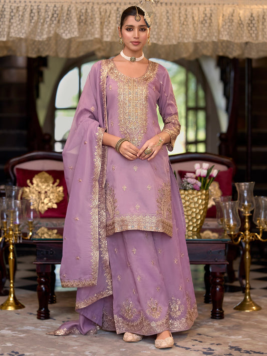 Lavender Embroidered Straight Kurta Palazzos With Dupatta Set