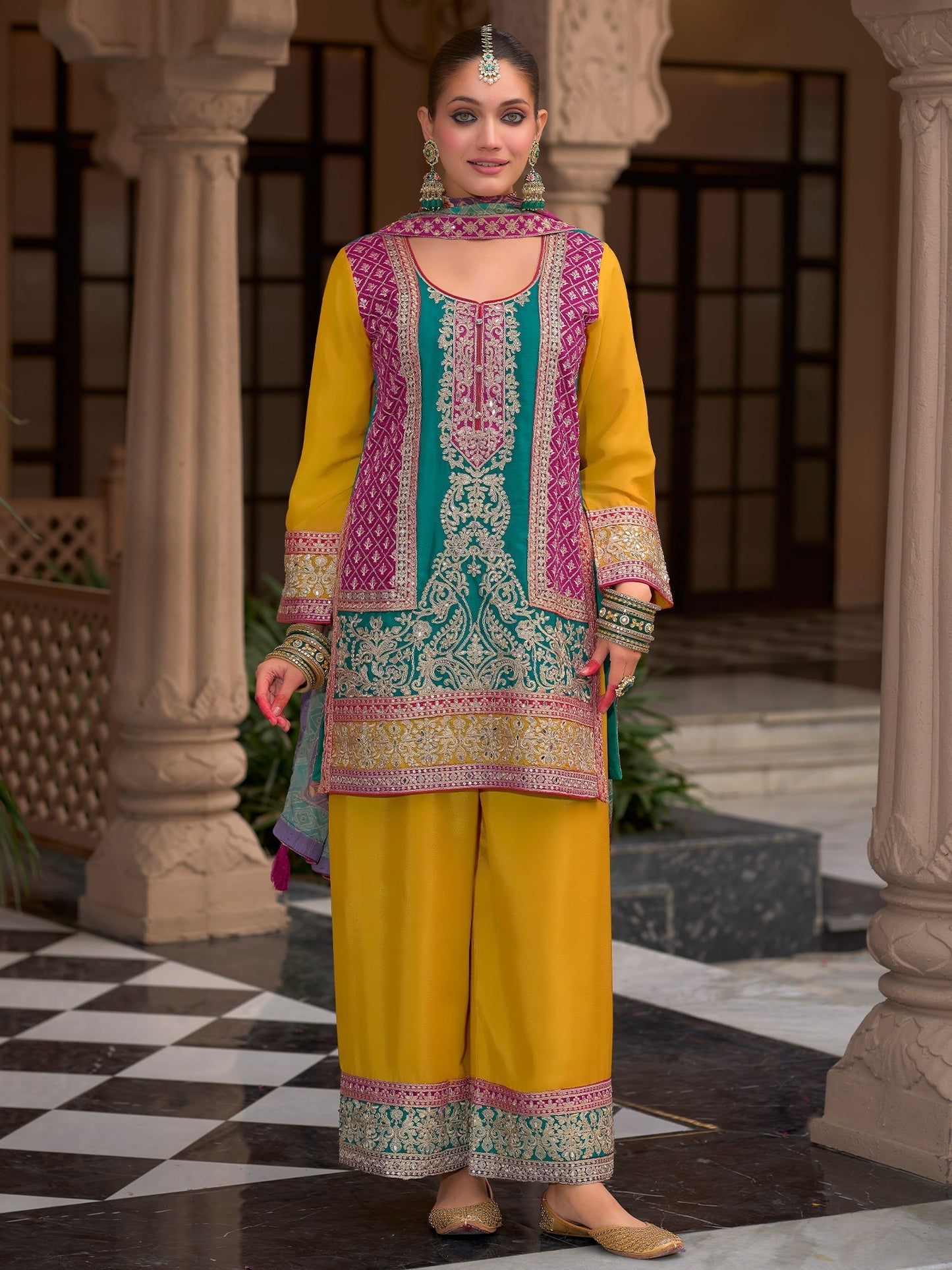 Multi Embroidered Straight Kurta Palazzos With Dupatta set