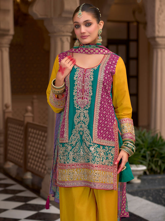 Multi Embroidered Straight Kurta Palazzos With Dupatta set