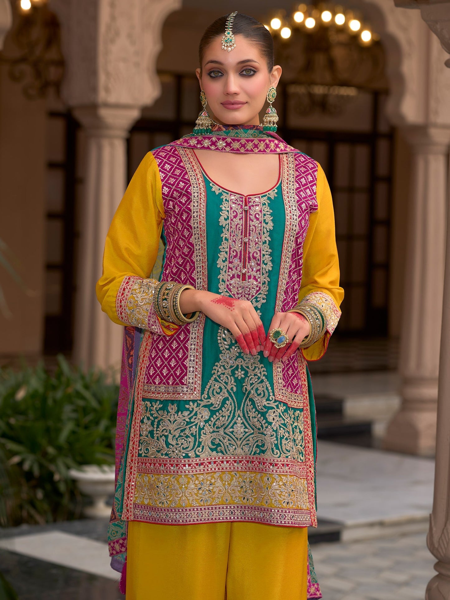 Multi Embroidered Straight Kurta Palazzos With Dupatta set