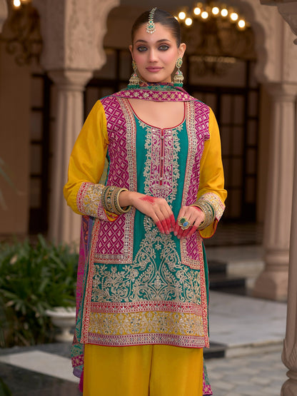 Multi Embroidered Straight Kurta Palazzos With Dupatta set