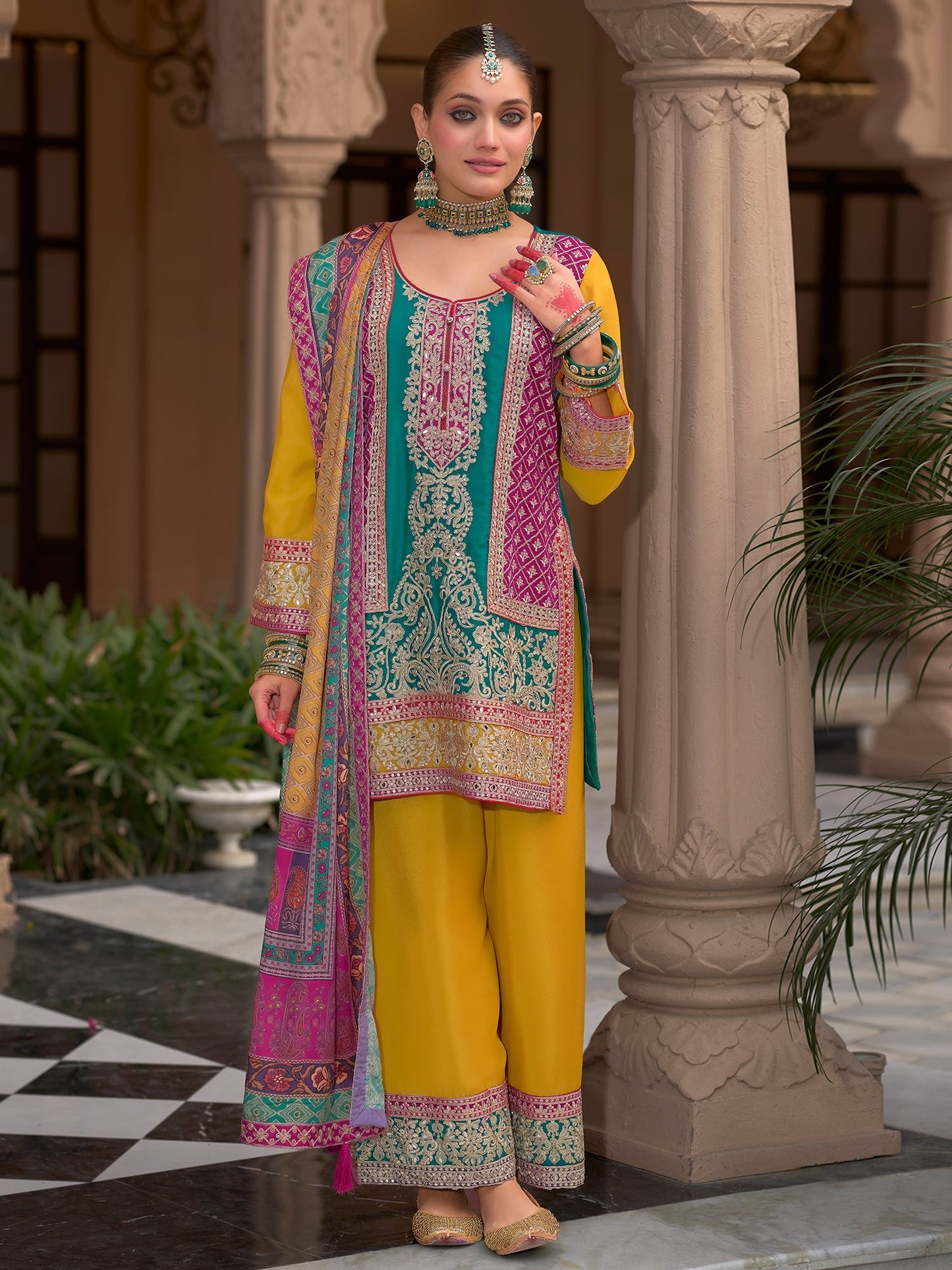 Multi Embroidered Straight Kurta Palazzos With Dupatta set