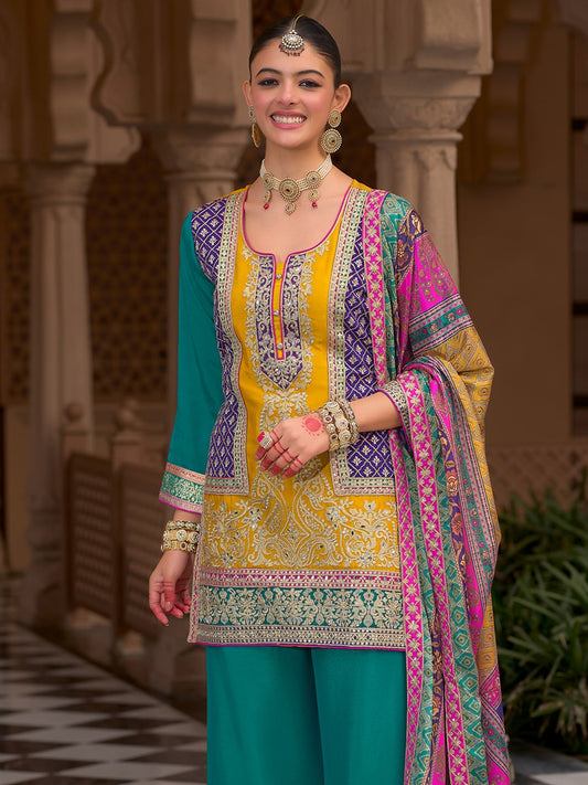 Multi Embroidered Straight Kurta Palazzos With Dupatta set