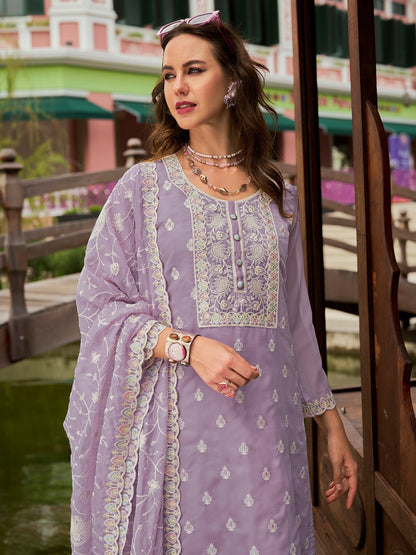 Lavender Embroidered Straight Kurta Trousers With Dupatta set