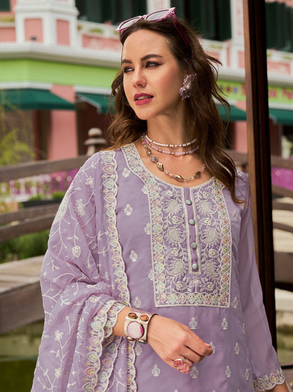 Lavender Embroidered Straight Kurta Trousers With Dupatta set