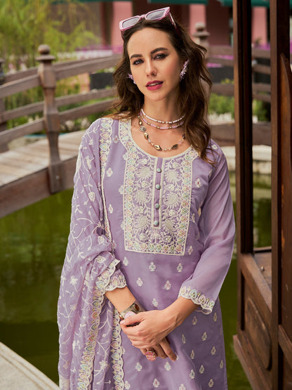 Lavender Embroidered Straight Kurta Trousers With Dupatta set