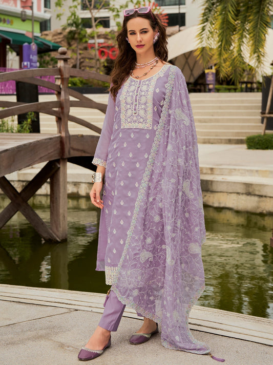 Lavender Embroidered Straight Kurta Trousers With Dupatta set