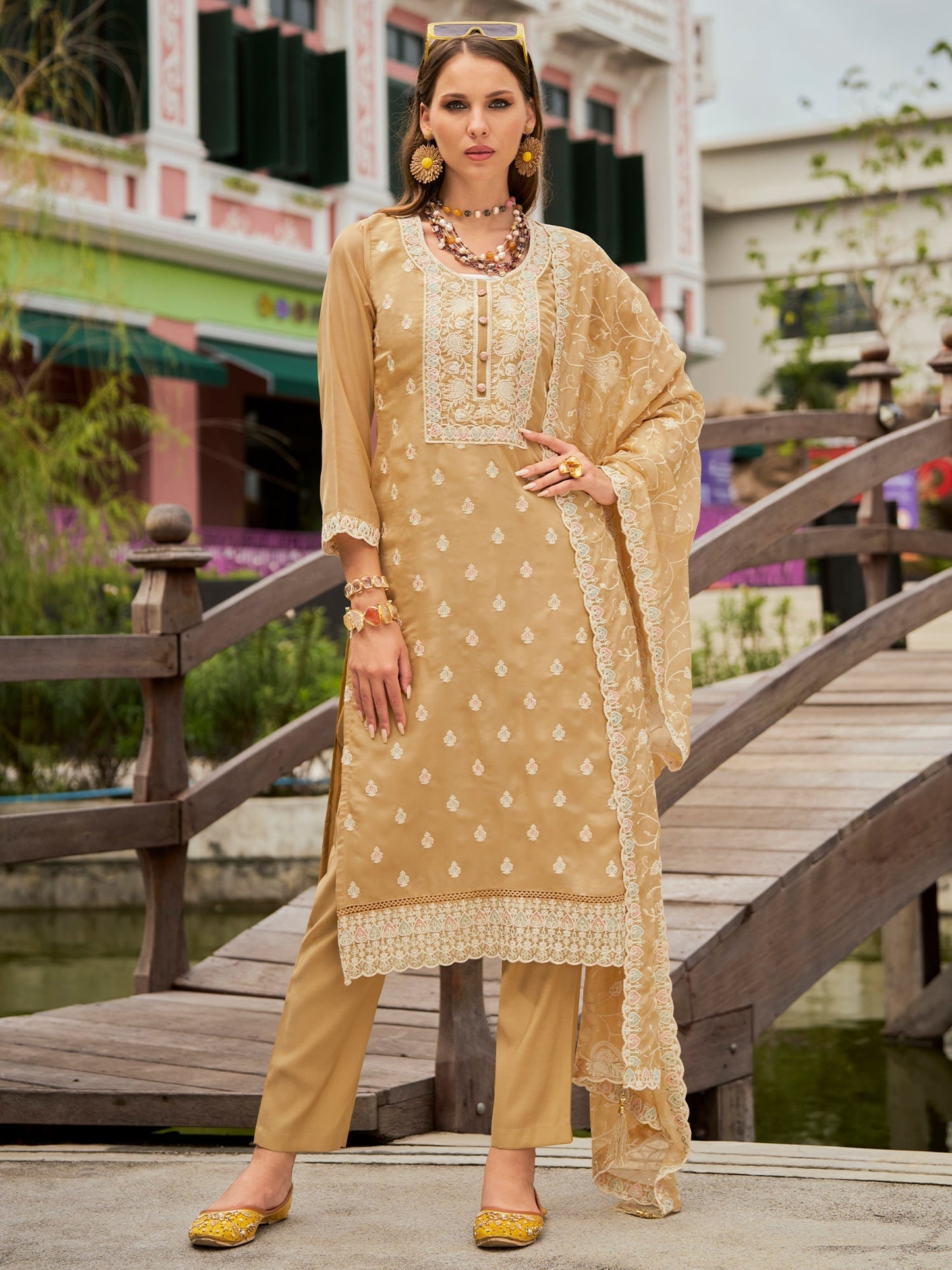 Cream Embroidered Straight Kurta Trousers With Dupatta set