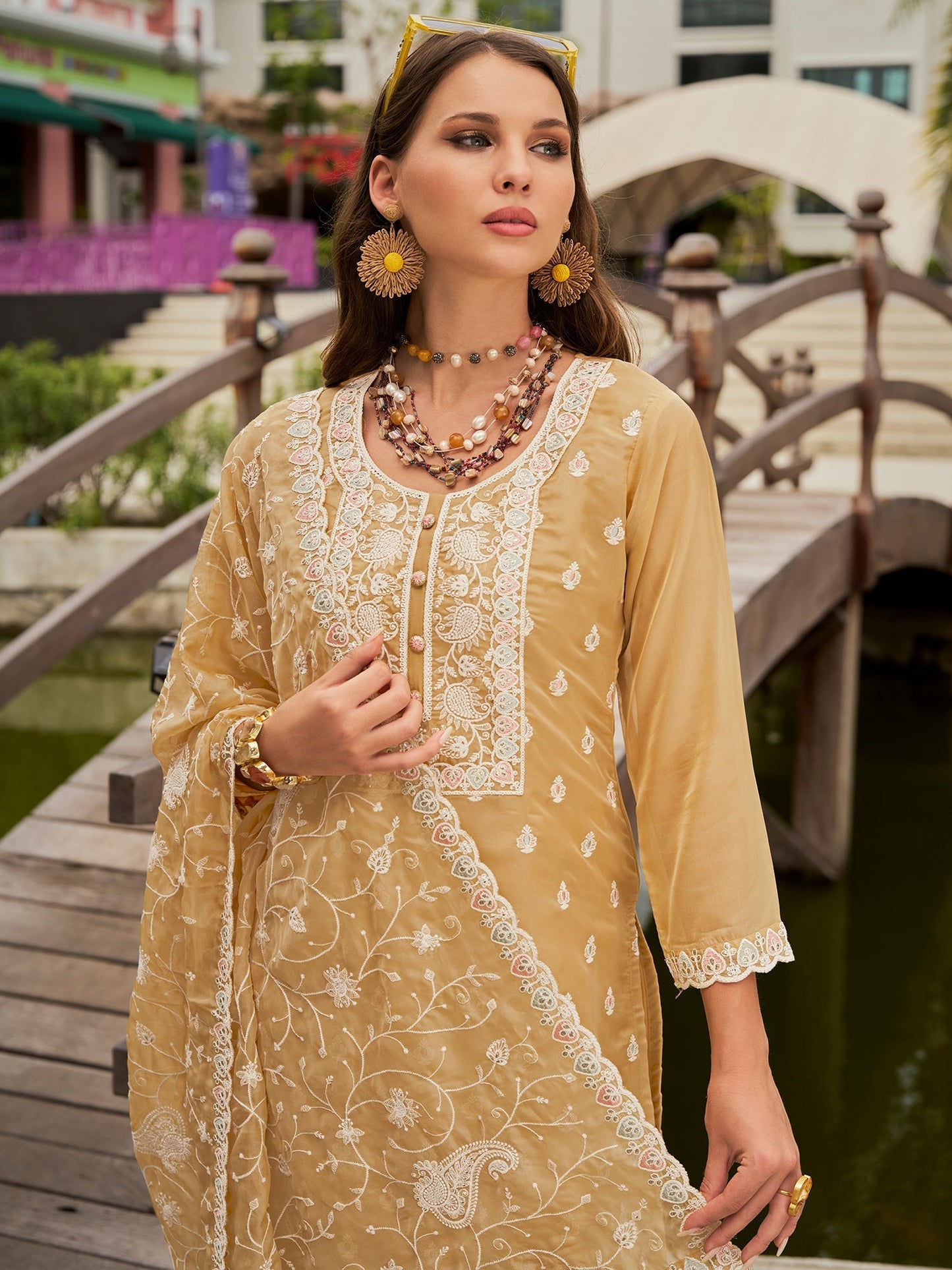 Cream Embroidered Straight Kurta Trousers With Dupatta set