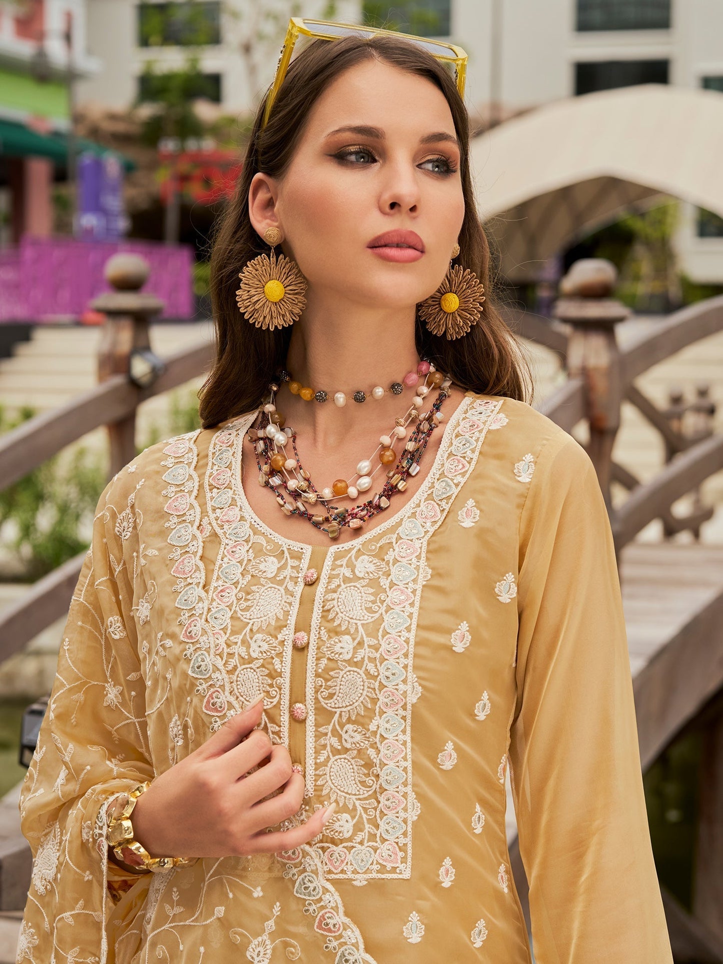 Cream Embroidered Straight Kurta Trousers With Dupatta set