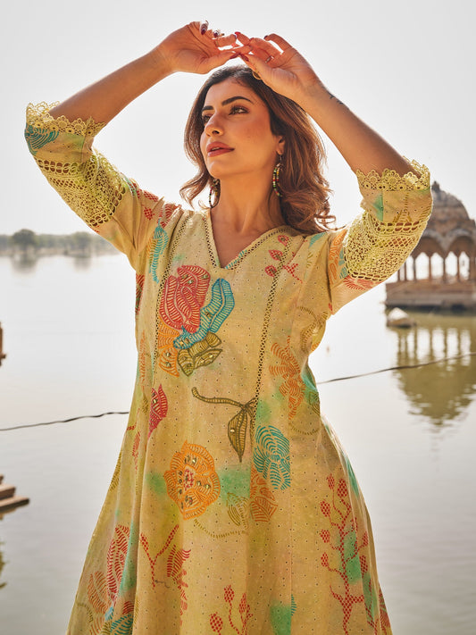Green Embroidered A-Line Kurta Palazzos With Dupatta Set