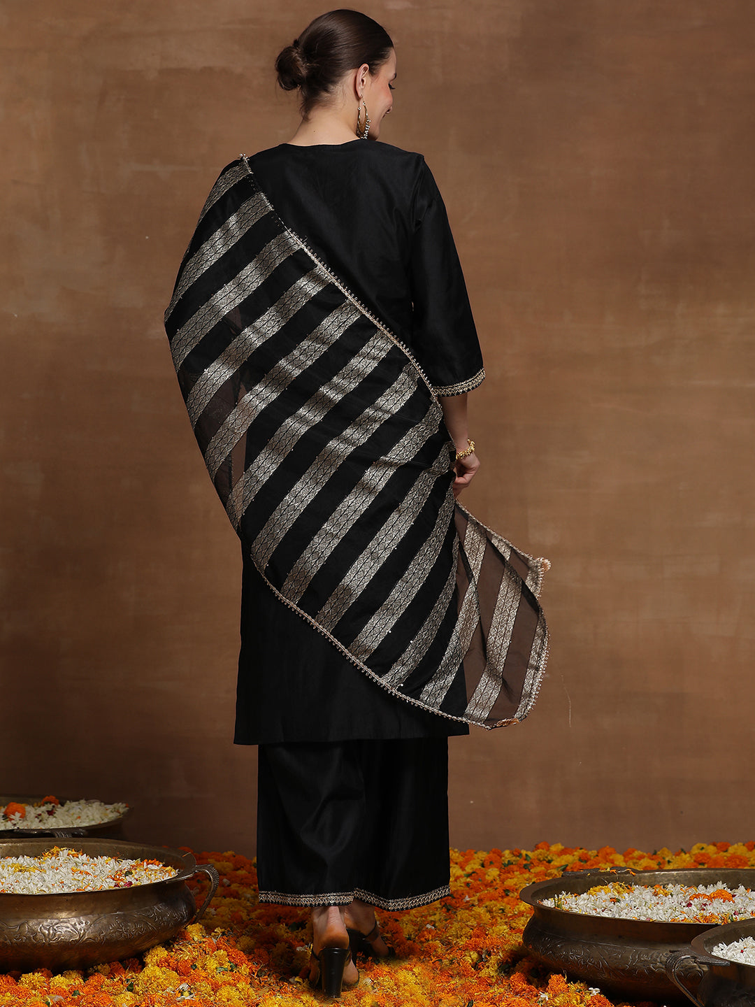 Indo Era Black Embroidered Straight Kurta Trouser With Dupatta Set