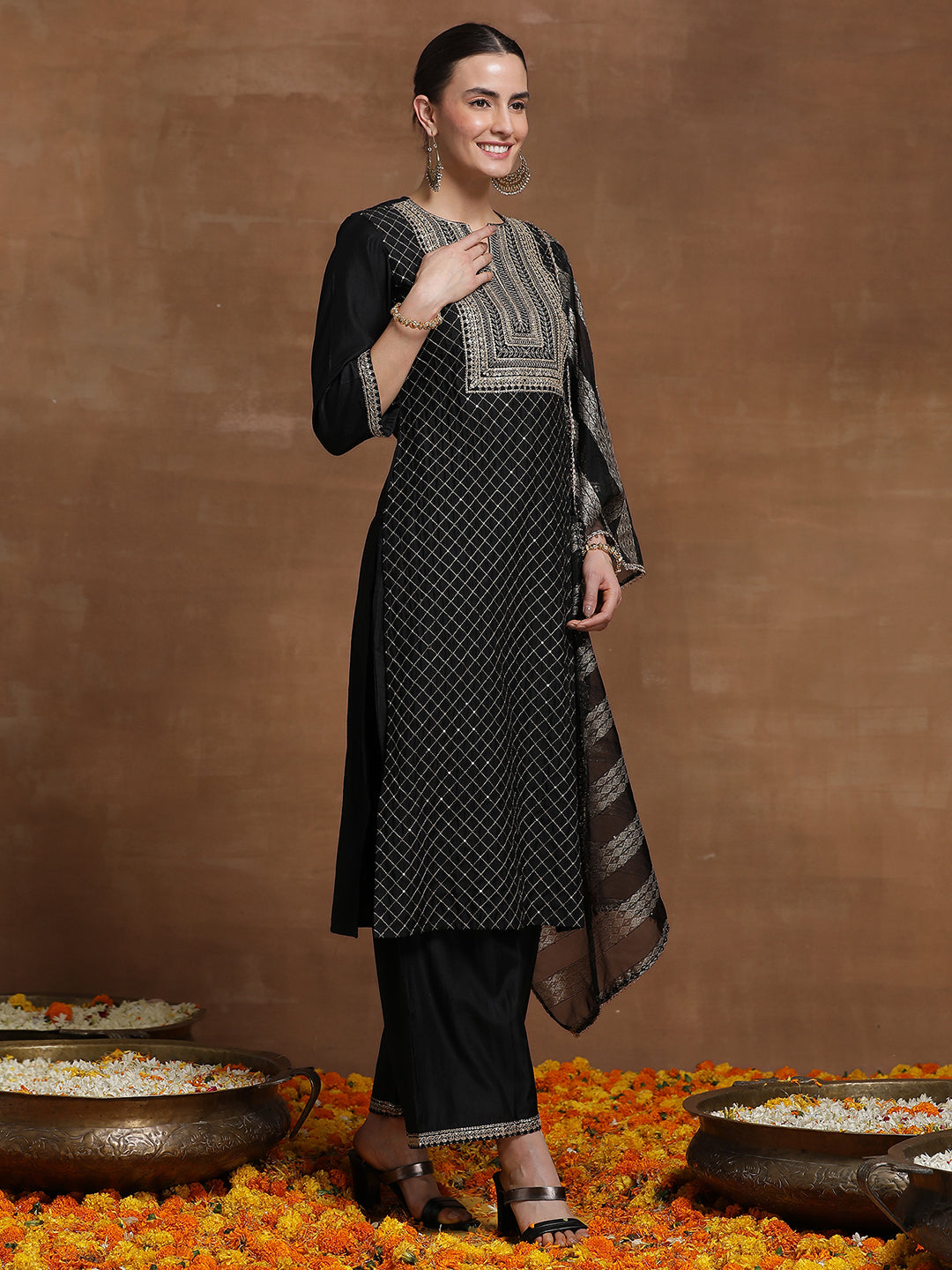 Indo Era Black Embroidered Straight Kurta Trouser With Dupatta Set