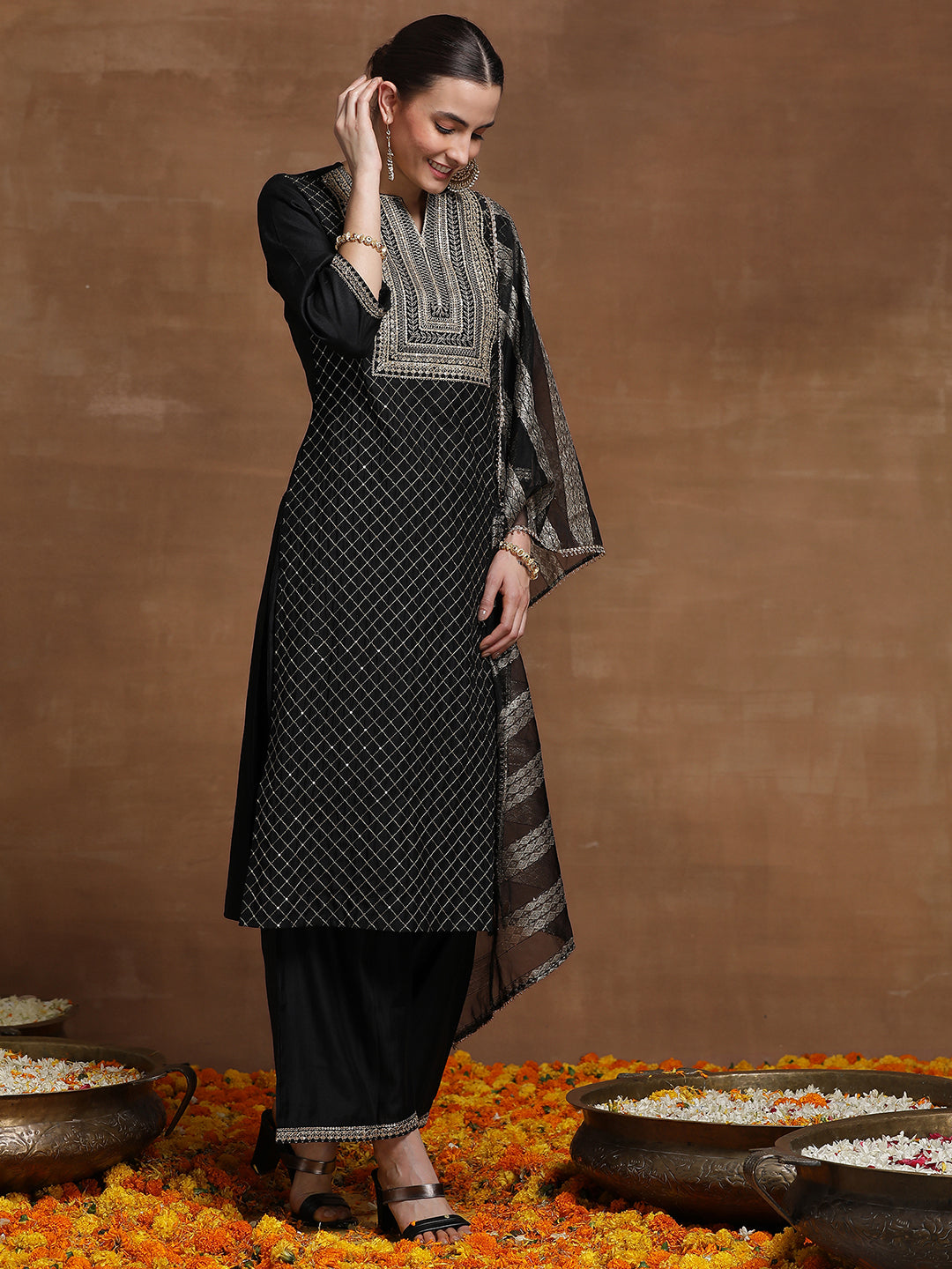Indo Era Black Embroidered Straight Kurta Trouser With Dupatta Set