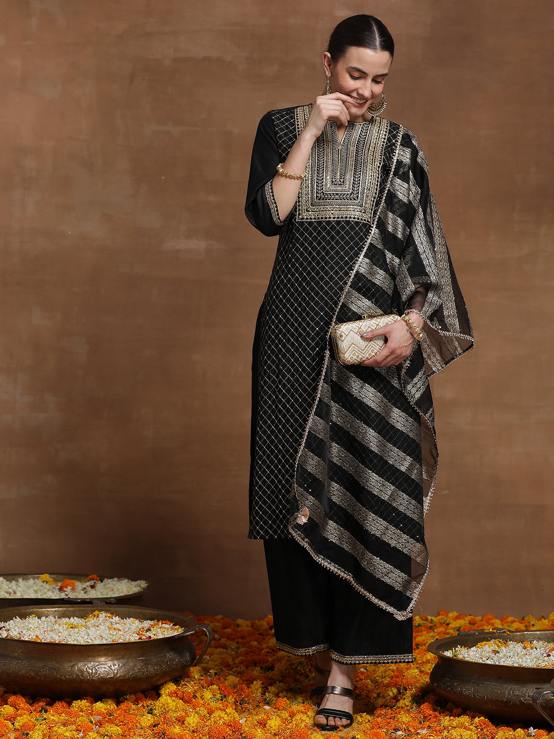 Indo Era Black Embroidered Straight Kurta Trouser With Dupatta Set