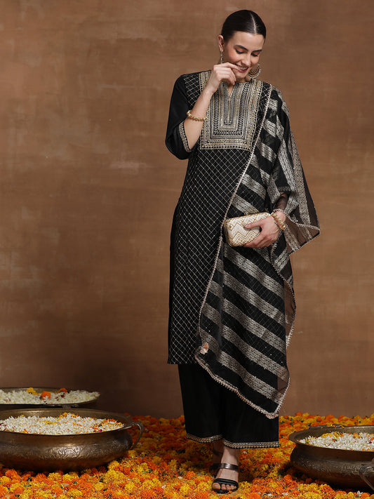 Indo Era Black Embroidered Straight Kurta Trouser With Dupatta Set