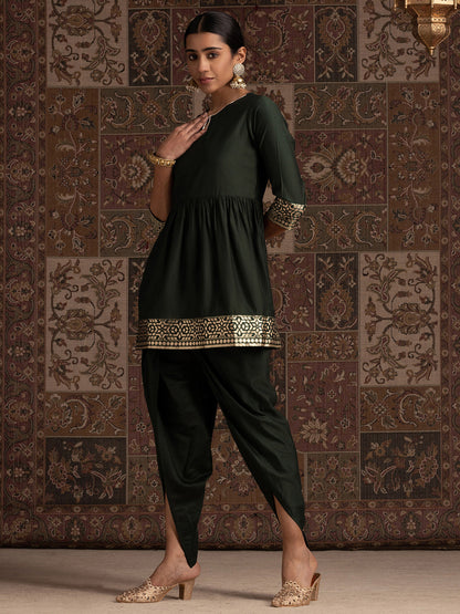 Indo Era Green Solid Aline Kurta With Dhoti Set