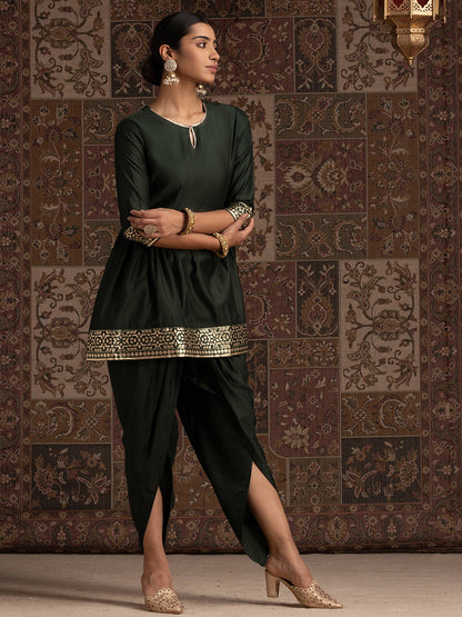 Indo Era Green Solid Aline Kurta With Dhoti Set