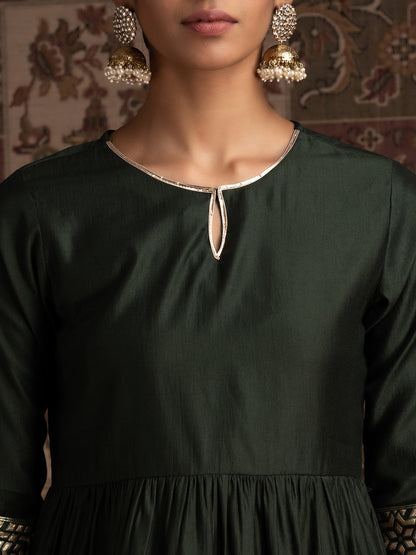 Indo Era Green Solid Aline Kurta With Dhoti Set