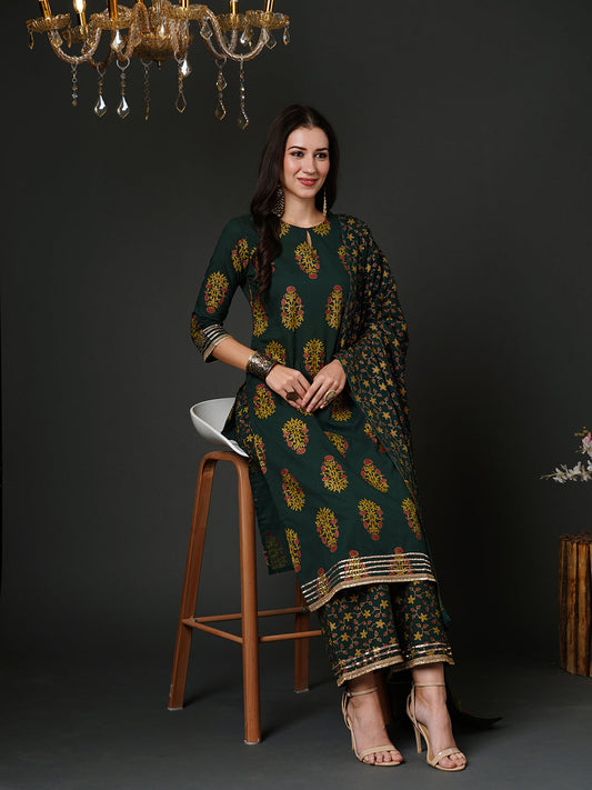Indo Era Green Printed Straight Kurta Palazzos With Dupatta Set