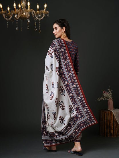 Indo Era Blue Printed Straight Kurta Salwar With Dupatta Set