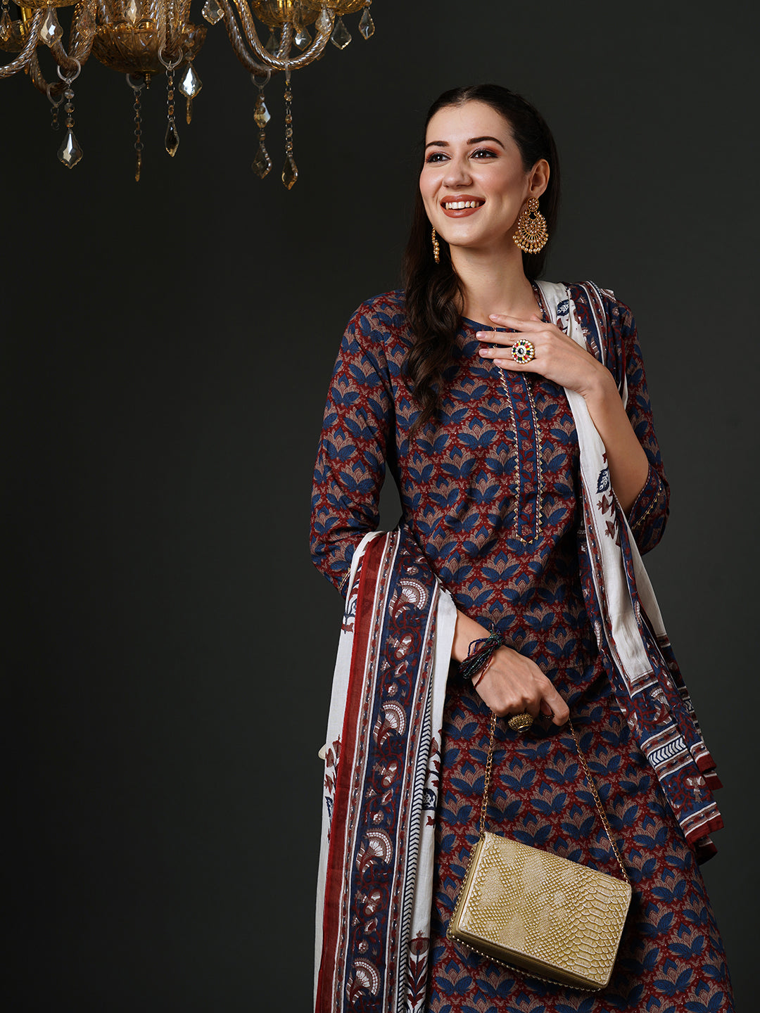 Indo Era Blue Printed Straight Kurta Salwar With Dupatta Set