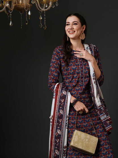 Indo Era Blue Printed Straight Kurta Salwar With Dupatta Set