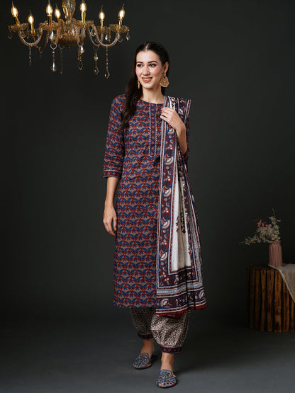 Indo Era Blue Printed Straight Kurta Salwar With Dupatta Set
