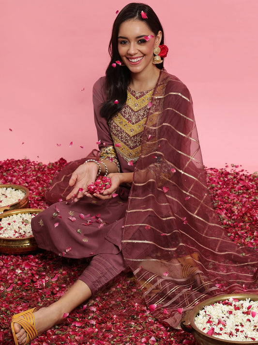 Mauve Embroidered Straight Kurta Trousers With Dupatta Set