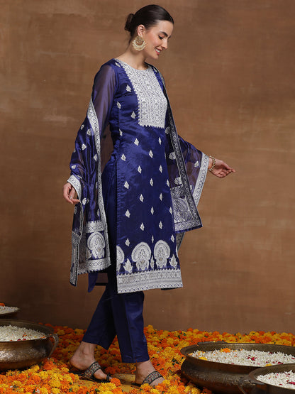Indo Era Blue Woven Design Straight Kurta Trousers With Dupatta Set
