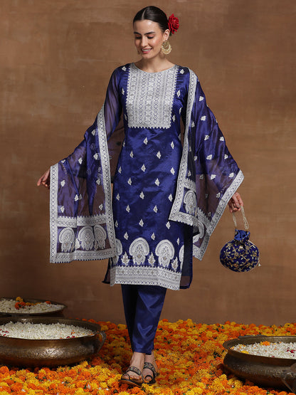 Indo Era Blue Woven Design Straight Kurta Trousers With Dupatta Set