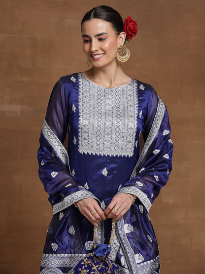 Indo Era Blue Woven Design Straight Kurta Trousers With Dupatta Set