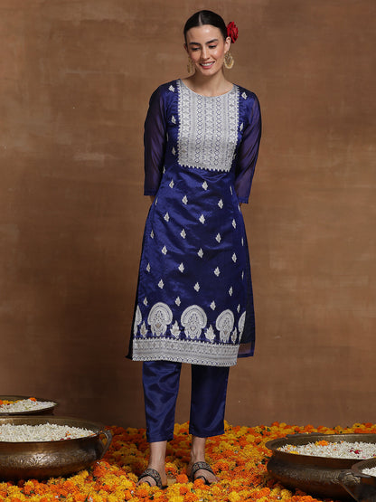 Indo Era Blue Woven Design Straight Kurta Trousers With Dupatta Set